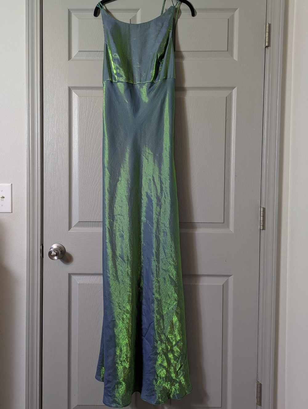 Vintage 90s Shimmering Iridescent Slip Dress in Blue-Green Size 13/14